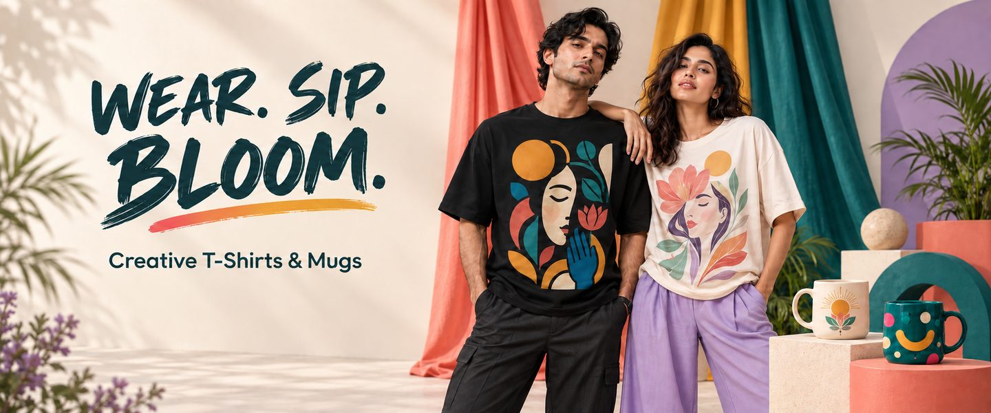 Two models wearing printed Vibloom T-shirts beside two printed ceramic mugs